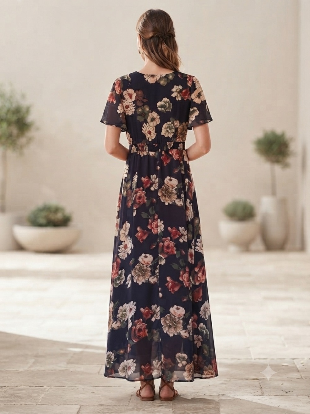 SIMPLEE Floral V-Neck Maxi Dress M Black Neutral NWOT - Picture 8 of 13